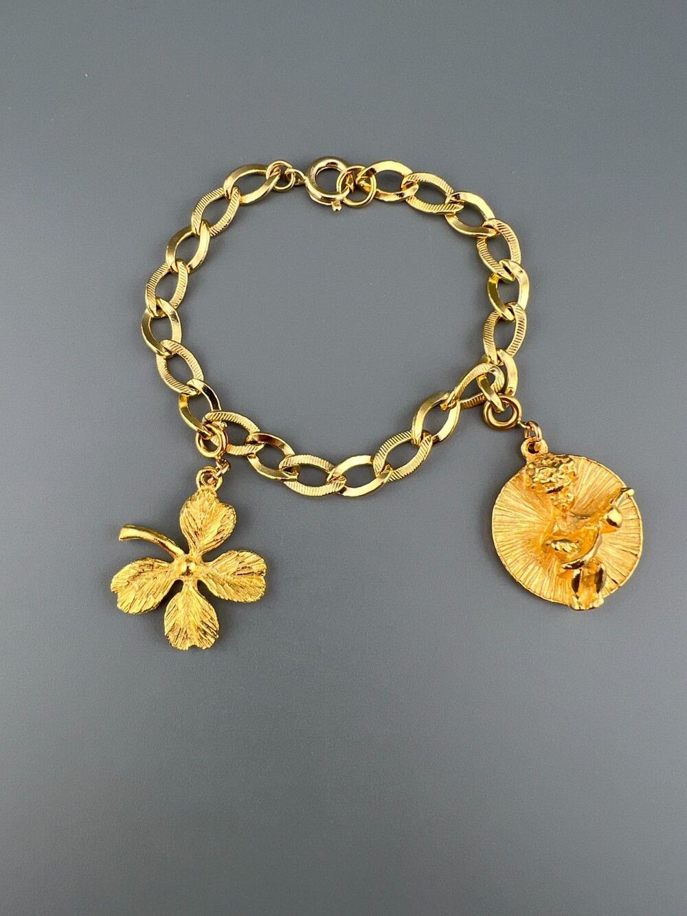 Vintage Germany Charm Bracelet Gold Tone Curb Link Good Luck Clover Mandolin - Picture 8 of 14
